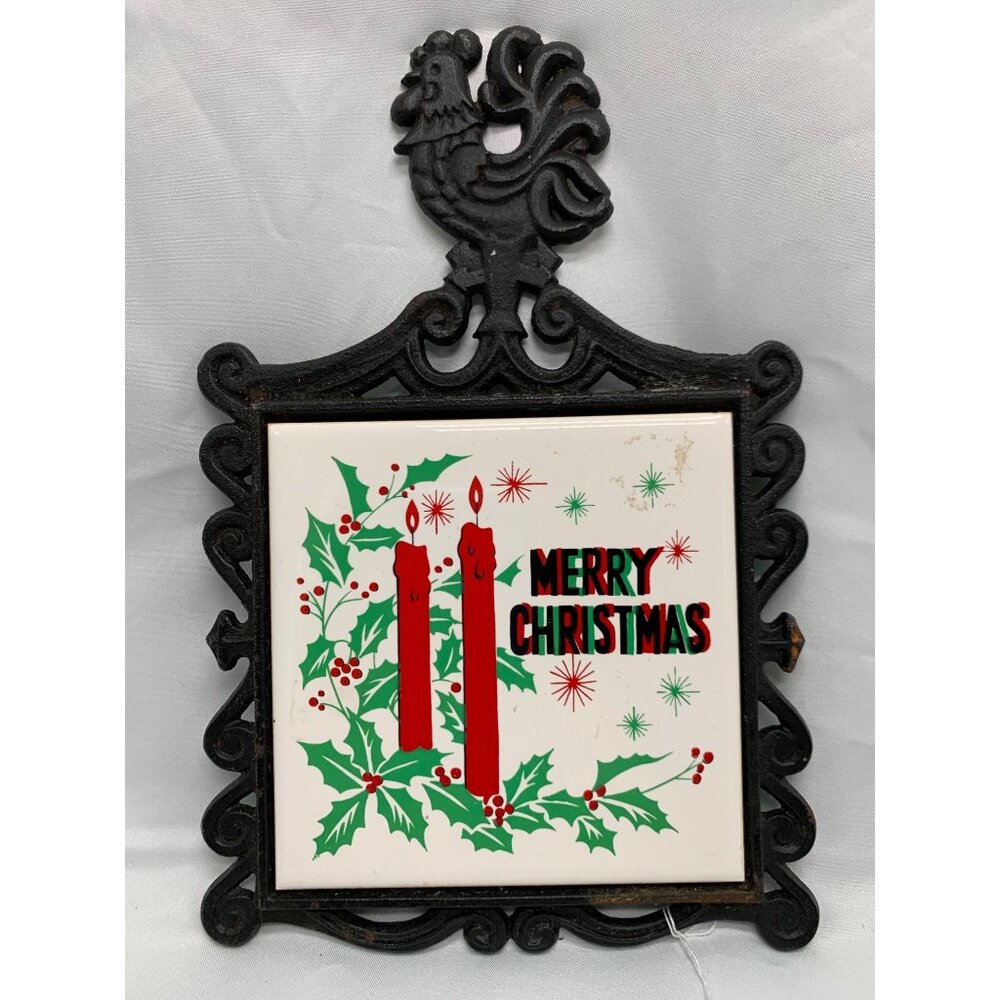 Vintage Artmark Cast Iron Trivet Tile Merry Christmas Wall Plaque Rooster